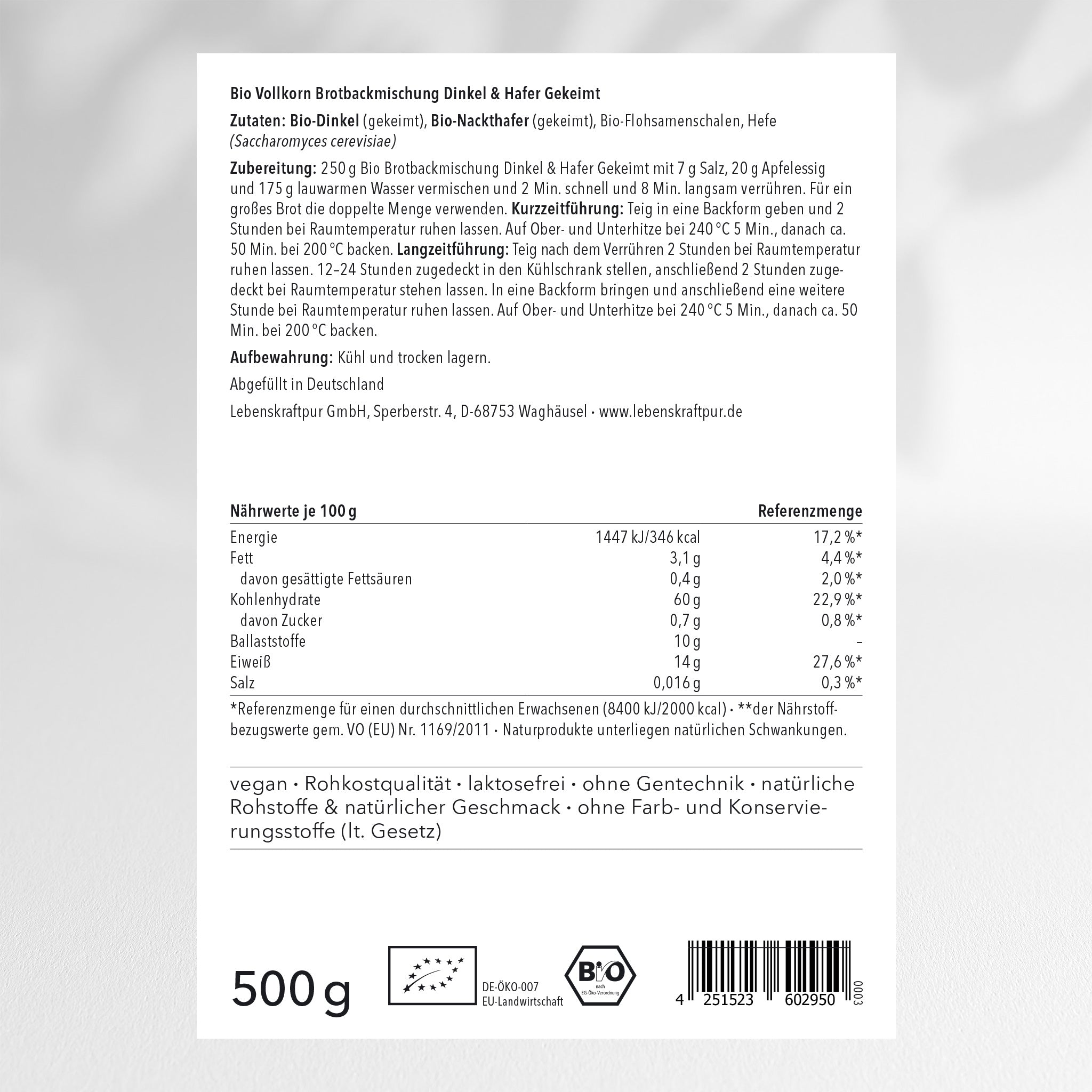 Bio Vollkorn Brotbackmischung Dinkel & Hafer Gekeimt