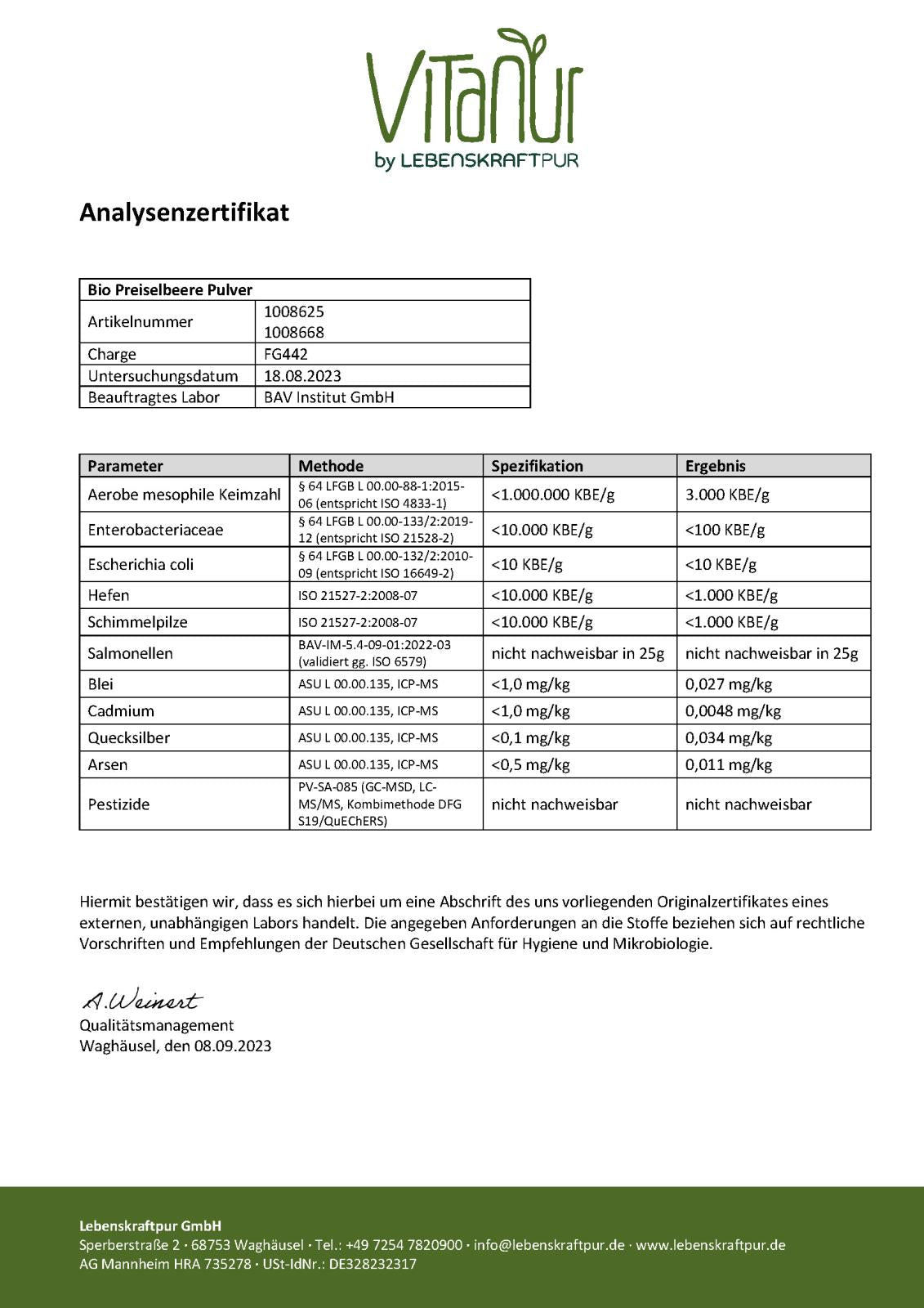 Produktbild Bio Wilde Preiselbeere Pulver