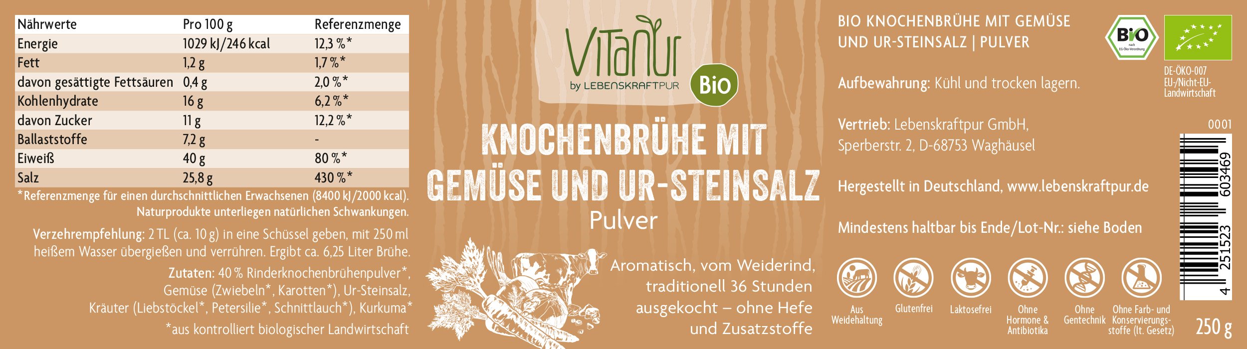Produktbild Bio Knochenbrühe mit Gemüse und Ur-Steinsalz Pulver