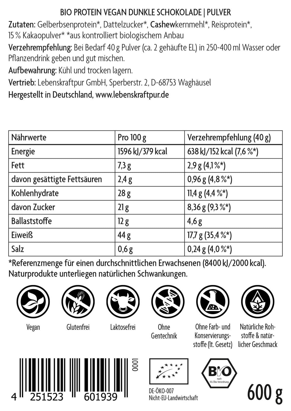 Produktbild Bio Protein Vegan Dunkle Schokolade Pulver